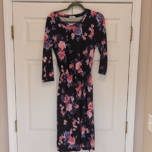 Floral Midi Dress in Black with Pink & Purple Blooms And Pockets